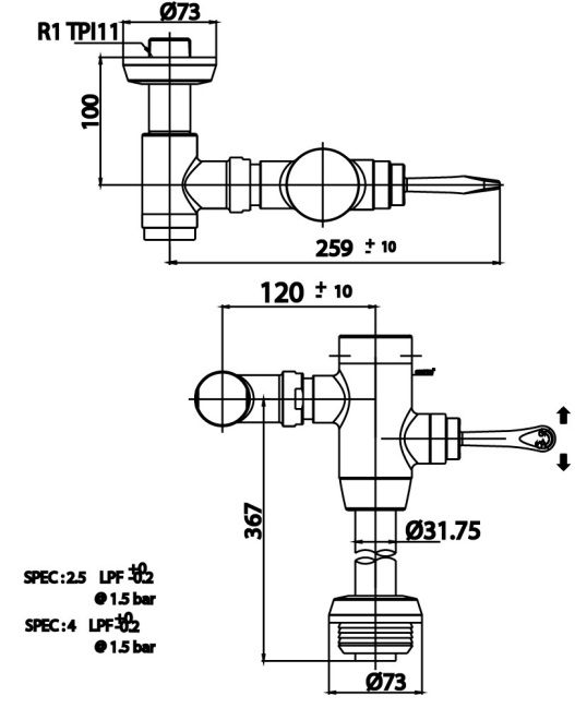 Bản vẽ kích thước van xả trực tiếp dùng cho bồn cầu CT440XNS