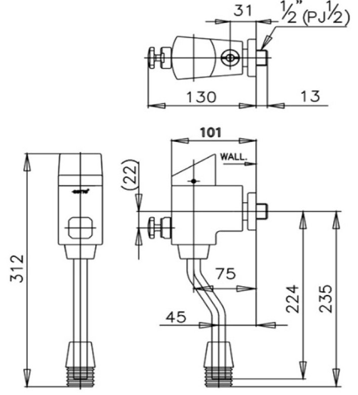 Bản vẽ van xả bồn tiểu nam ct 477 s COTTO 
