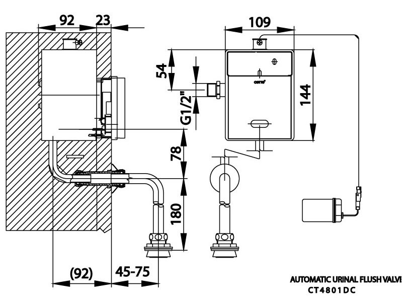 Bản vẽ kích thước van xả tiểu cảm ứng ct 4801 dc âm tường