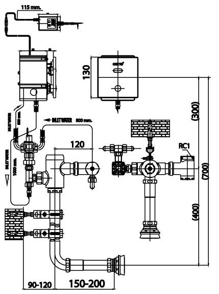 Bản vẽ kích thước van xả tiểu cảm ứng âm tường ct 4802 ac