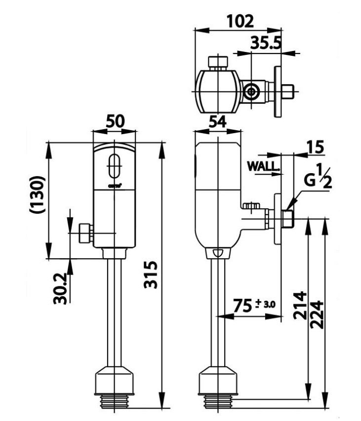 Bản vẽ kích thước van xả cảm ứng dùng pin Cotto CT 4803 P