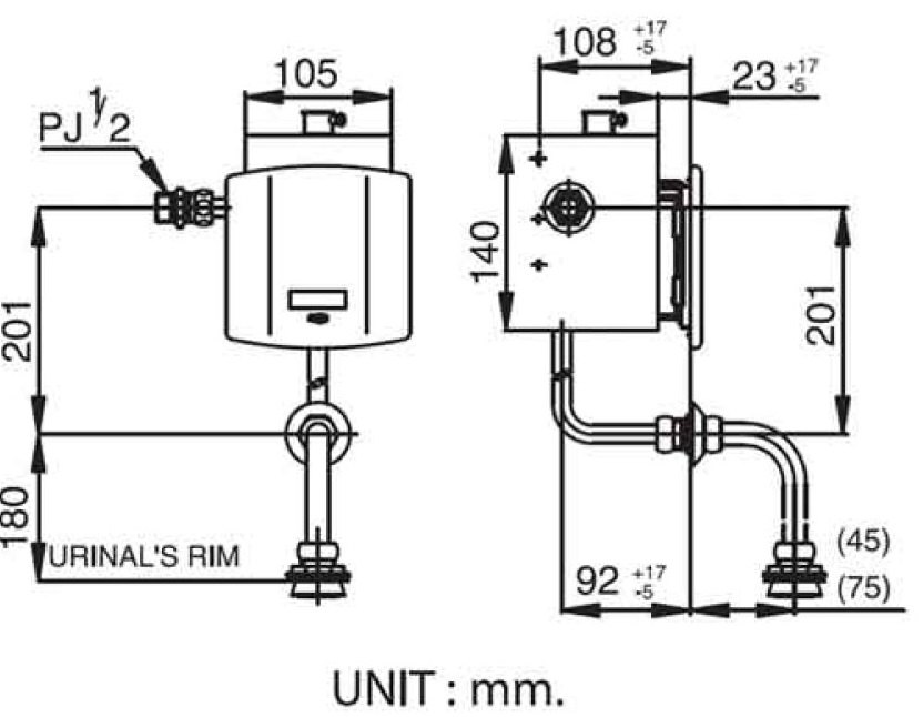 Bản vẽ kích thước van xả tiểu cảm ứng âm tường ct 480 ac nl