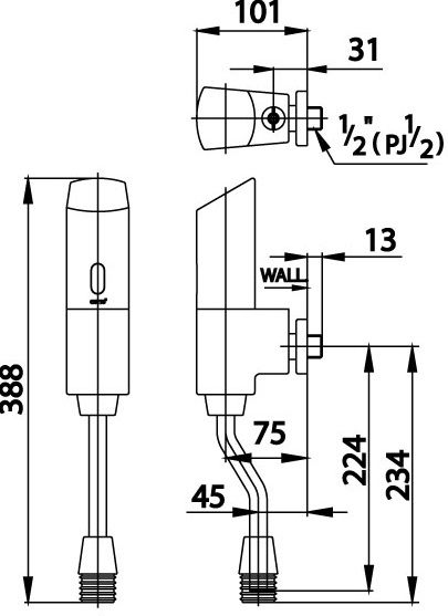 Bản vẽ kích thước van xả tiểu nam cảm ứng dùng pin ct 482 s