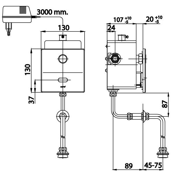 kích thước van xả tiểu cảm ứng CT 488 AC  âm tường