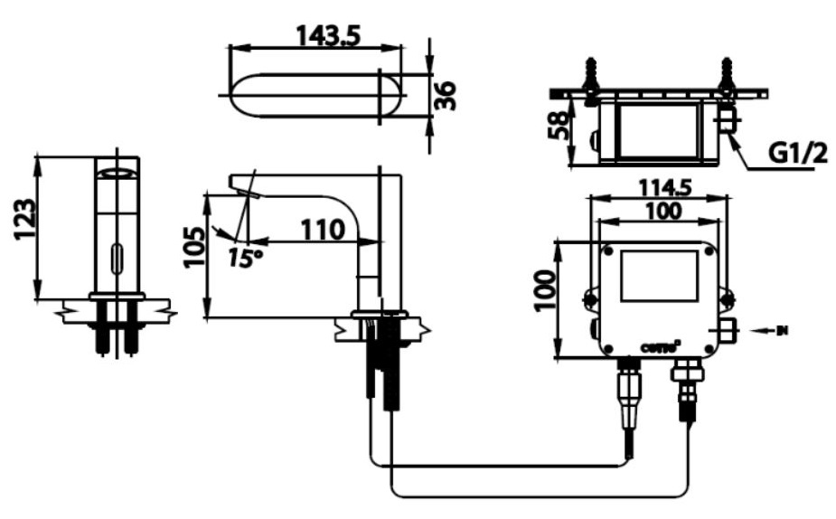 Bản vẽ kích thước vòi cảm ứng dùng Pin CT4918DC Cotto
