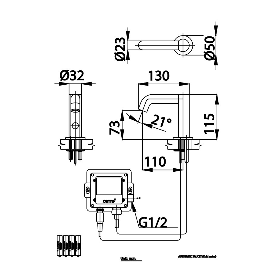 Bản vẽ kỹ thuật vòi cảm ứng PIN CT 4923 DC Cotto nước lạnh