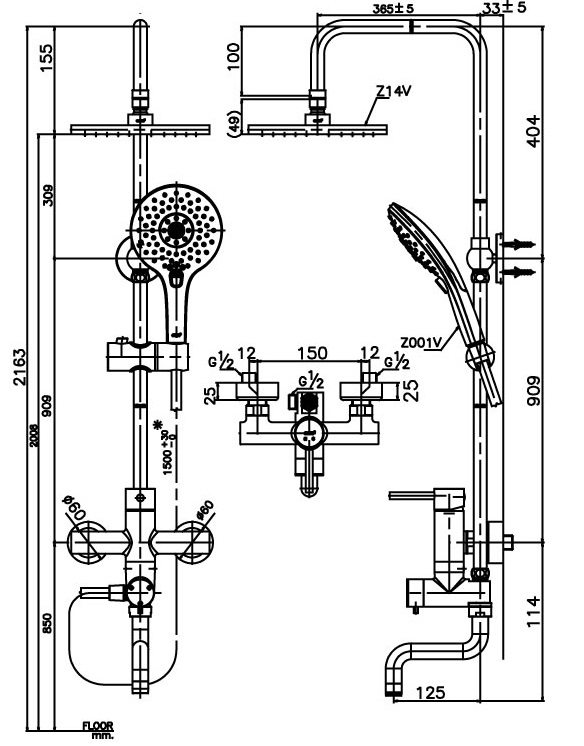 Bản vẽ kích thước sen cây nóng lạnh CT 5101 W Cotto