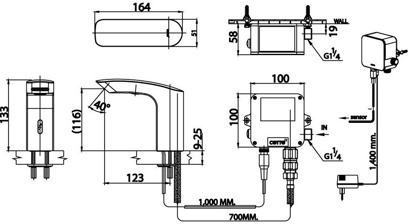Bản vẽ kích thước vòi cảm ứng 220V ct 537 nxac Cotto