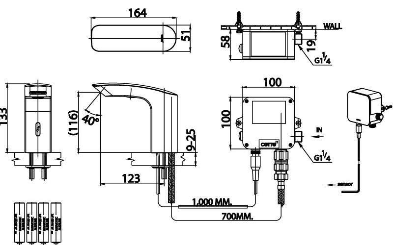Bản vẽ kích thước vòi cảm ứng PIN ct 537 nxdc Cotto