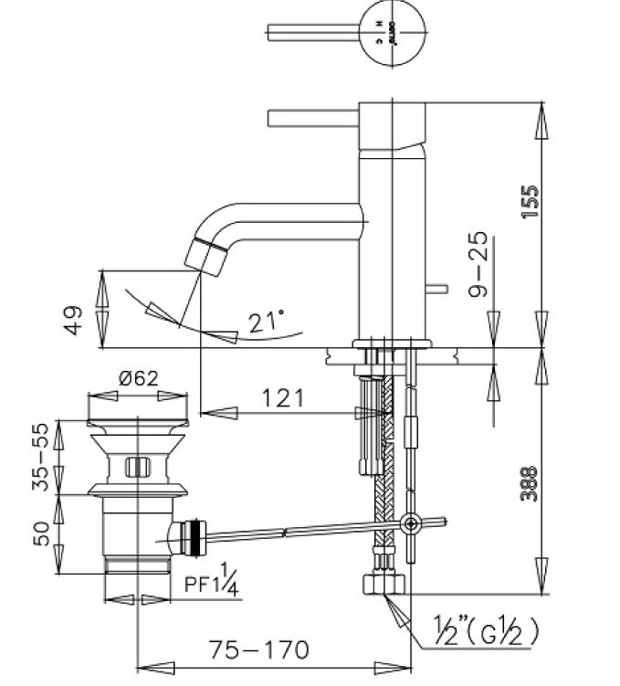 Bản vẽ kích thước vòi lavabo nóng lạnh CT542A cotto