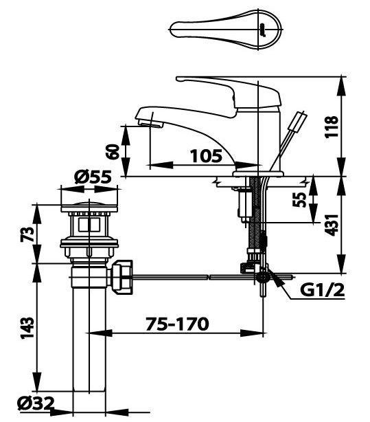 Bản vẽ kích thước vòi chậu cotto nóng lạnh CT561E