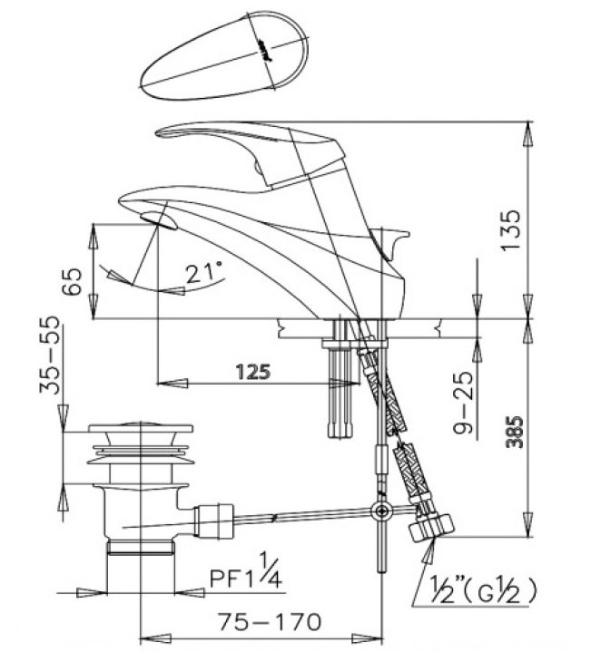 Bản vẽ kích thước vòi chậu rửa mặt cotto CT 563A