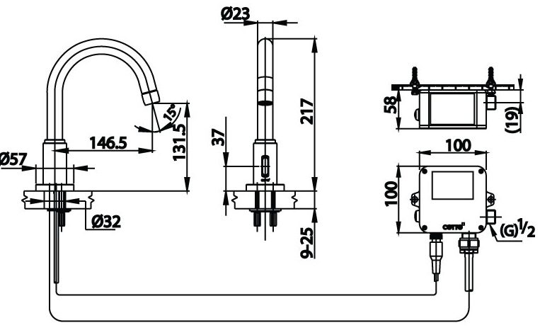 Bản vẽ kích thước vòi rửa chén cảm ứng COTTO ct 5701 dc