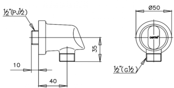 Bản vẽ kích thước cút nối tường Cotto ct 600 blhm