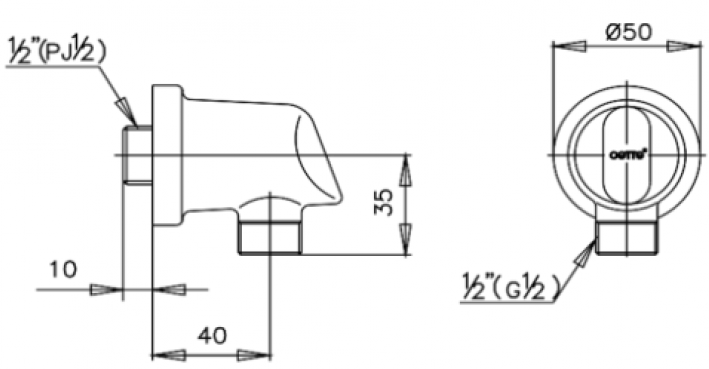 Bản vẽ kích thước cút nối tường Cotto ct 600 whhm
