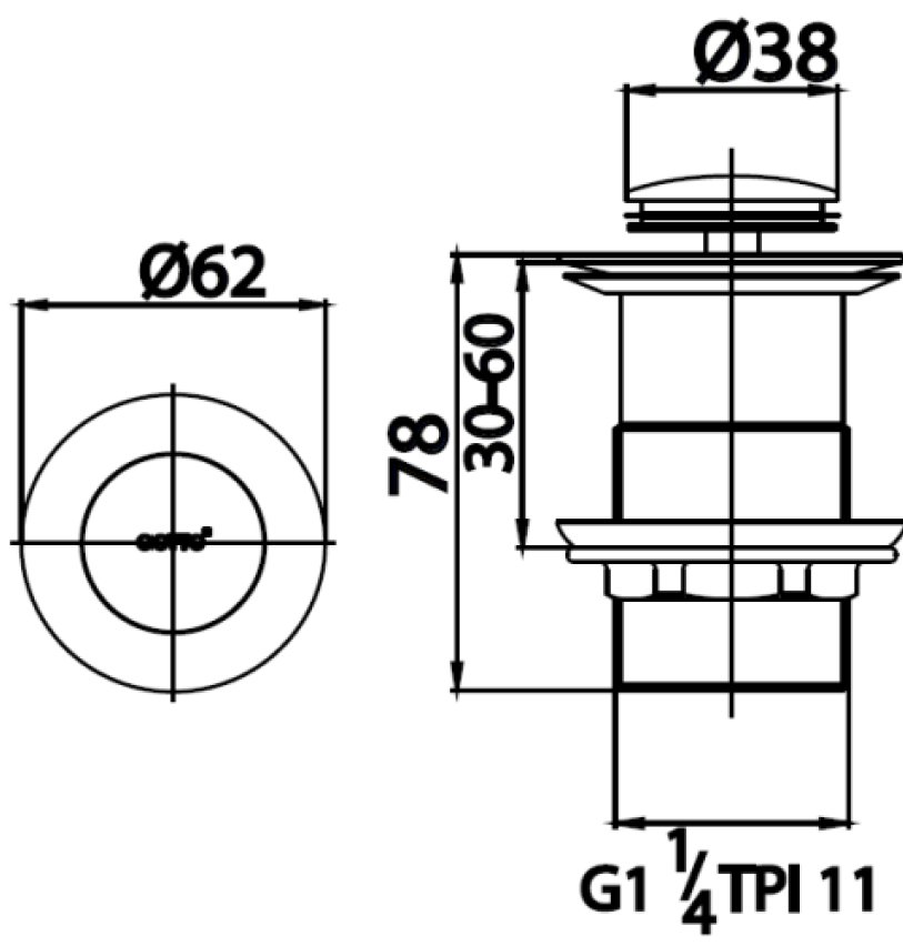 Bản vẽ kích thước nút nhấn CT 6702N HM xả nước lavabo 