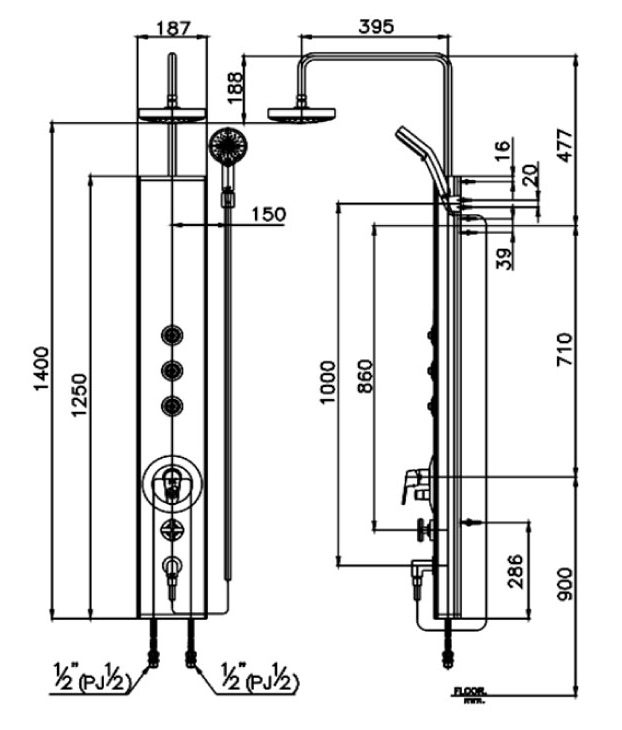 Bản vẽ kích thước sen thuyền nóng lạnh CT 841 N Cotto