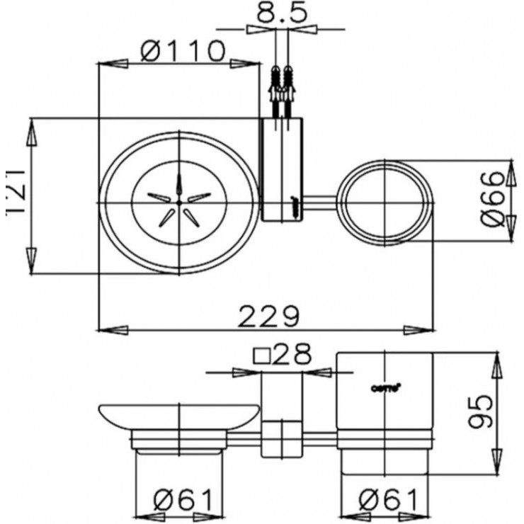 Bản vẽ kích thước kệ ly kết hợp dĩa đựng xà phòng COTTO ct 887 hm