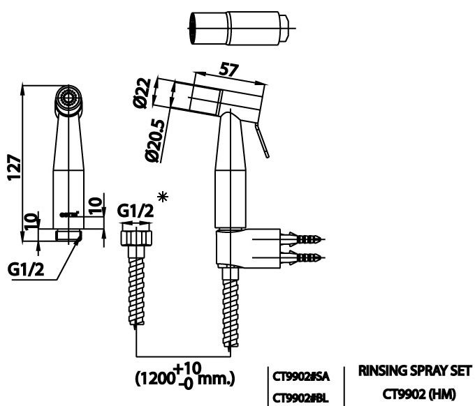 Bản vẽ kích thước vòi xịt bồn cầu CT 9902 BL HM Cotto