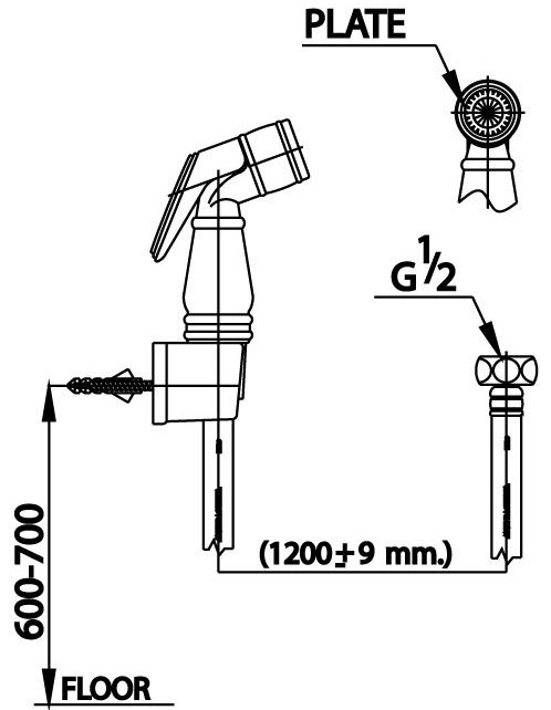 Bản vẽ kích thước vòi xịt CT 996 H WH HM  cotto 