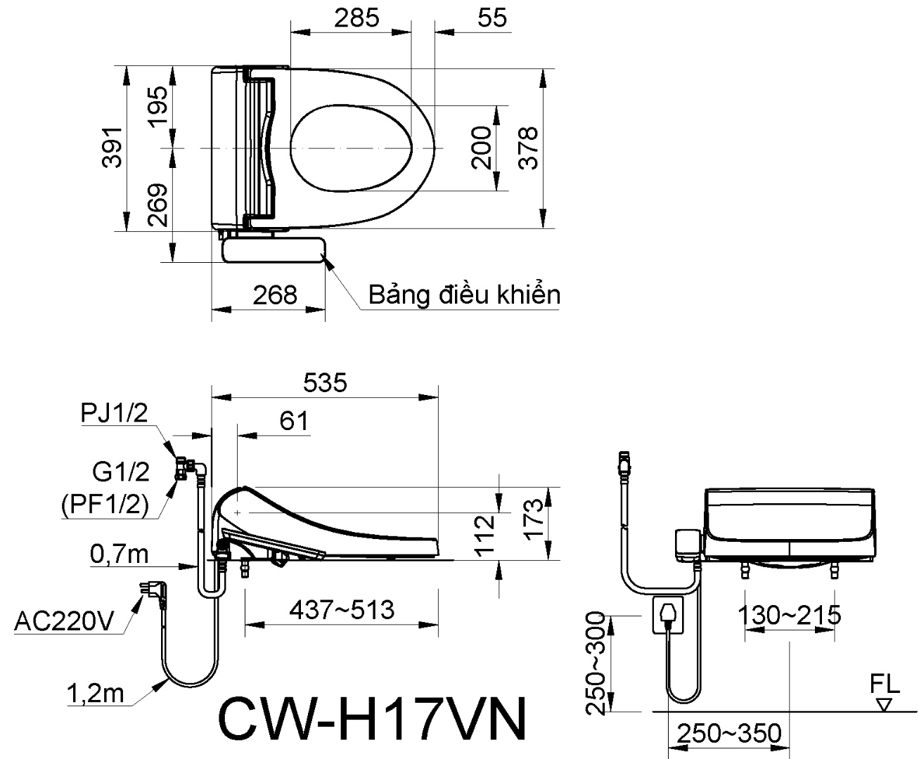 Bản vẽ kích thước nắp Inax CW-H17 VN