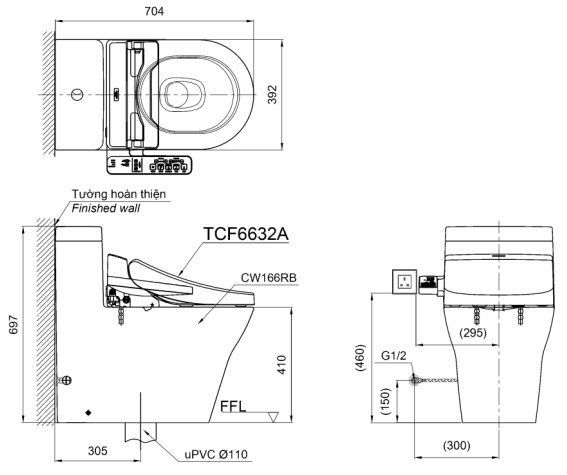 Bản vẽ kích thước bồn cầu TOTO điện tử CW166RB/TCF6632A