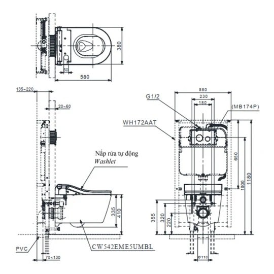 Bản vẽ kích thước bồn cầu CW542EME5UMBL TCF802EBZ#MBL WH172AAT MB175M#B treo tường