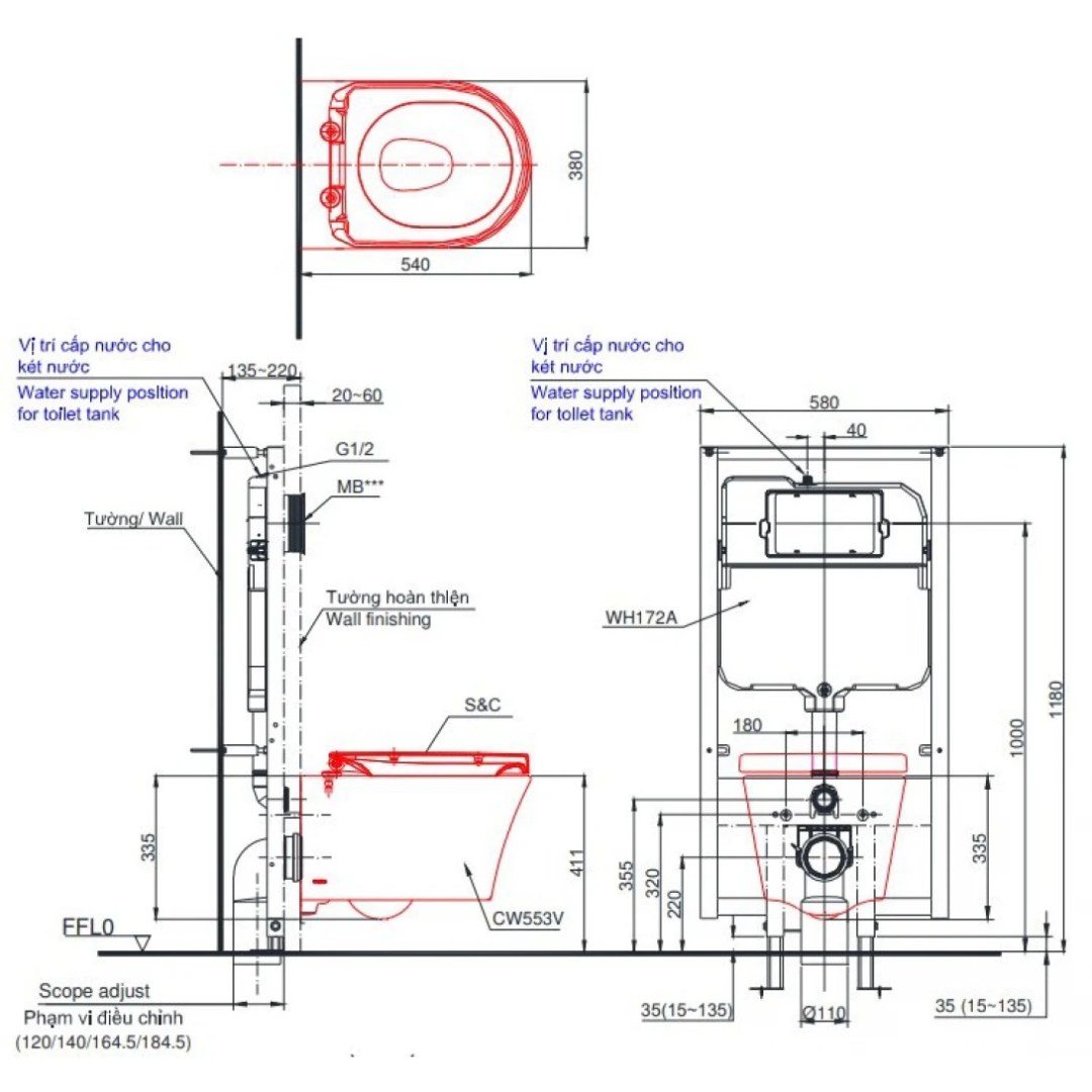 Bản vẽ kỹ thuật xí bệt TOTO CW762+TC384CVK+WH172A+MB175M#SS
