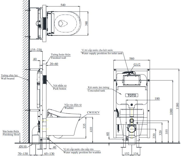 Bản vẽ kích thước xí bệt treo tường Toto CW553C