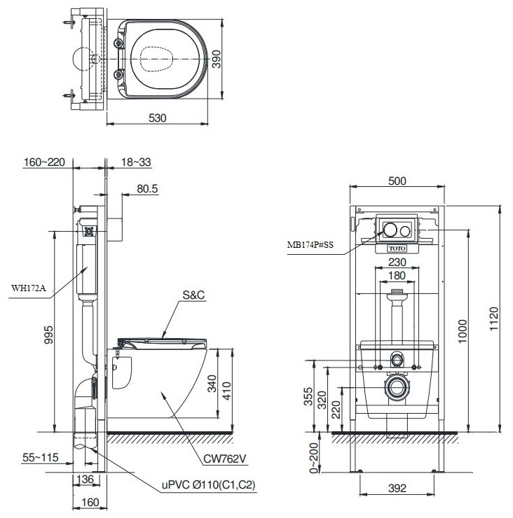 Bản vẽ kích thước bồn cầu TOTO CW762 + TC384CVK