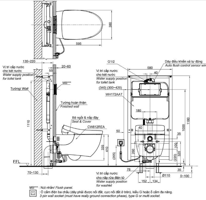 Bản vẽ kích thước bồn cầu CW812REA/TCF33461GAA/WH172AT/TCA465/MB176G#WH Nắp Điện Tử Treo Tường