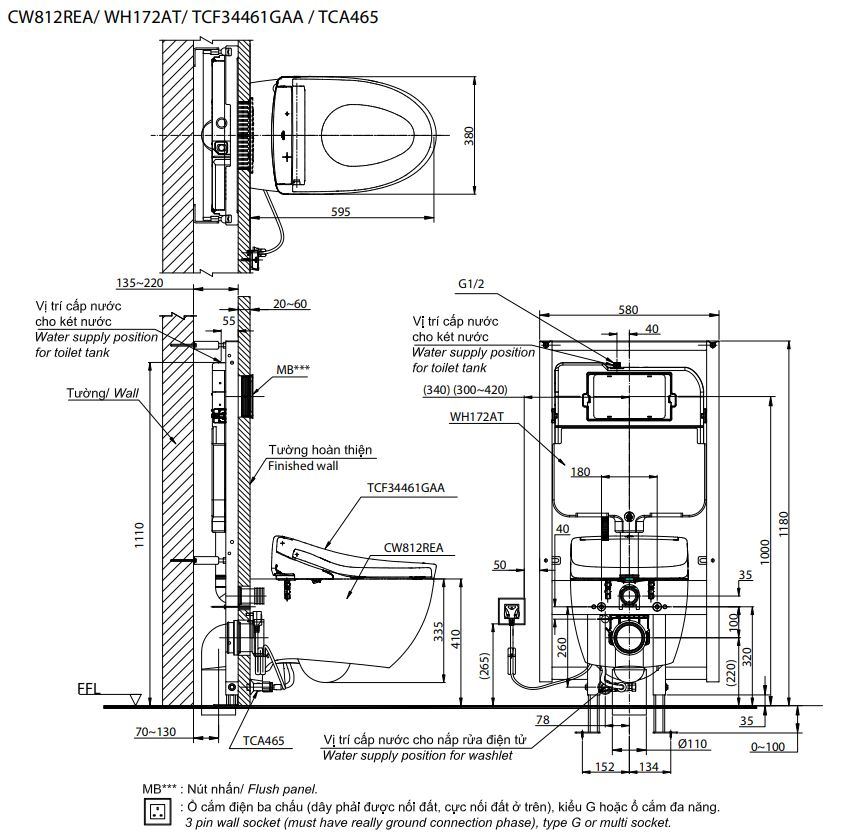 Bản vẽ kích thước bồn cầu treo tường CW812REA+TCF34461GAA+WH172AT+TCA465/MB176G#WH TOTO