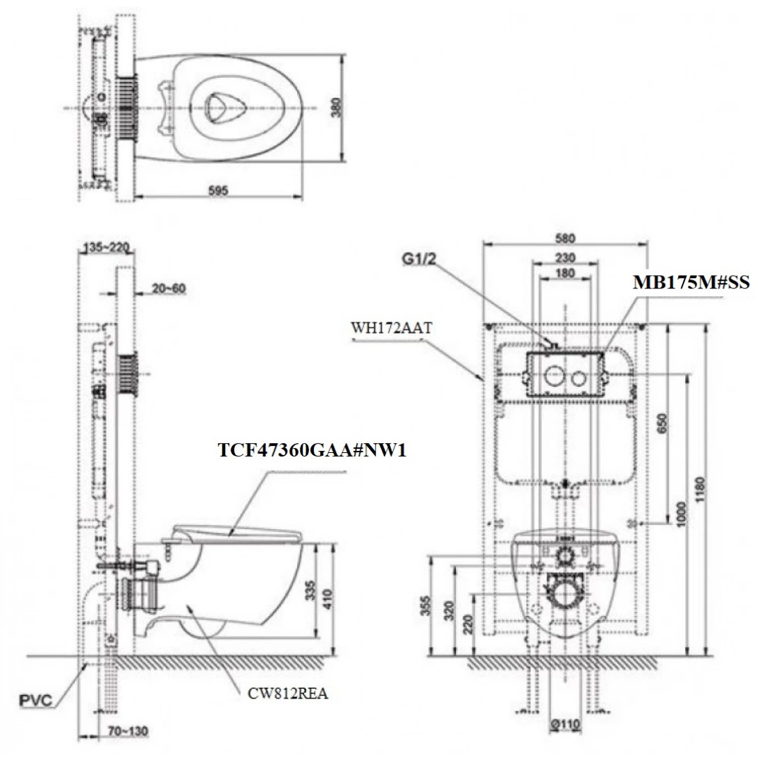 Bản vẽ kích thước bồn cầu CW812REA TCF47360GAA WH172AAT TOTO