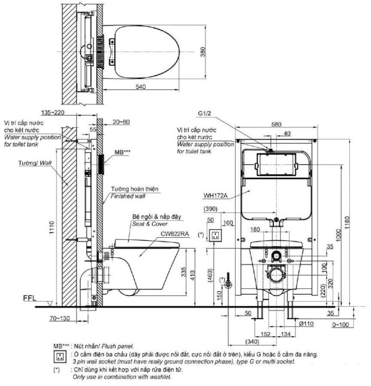 Bản vẽ kỹ thuật xí bệt CW822RA#W