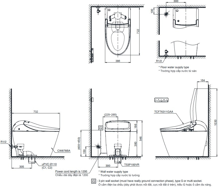 Bản vẽ kỹ thuật bồn cầu cảm ứng TOTO CW878BA nắp TCF76311GAA