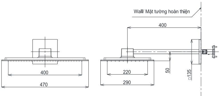 Bản vẽ kích thước bát sen tắm TBW08004A TOTO gắn tường
