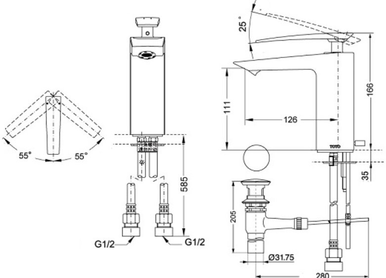 Bản vẽ vòi chậu rửa mặt lavabo TOTO DL 320R