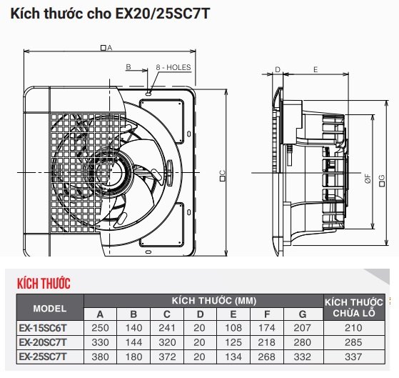 Bản vẽ kỹ thuật quạt hút thông gió âm trần không ống gió EX-20SC7T Mitsubishi