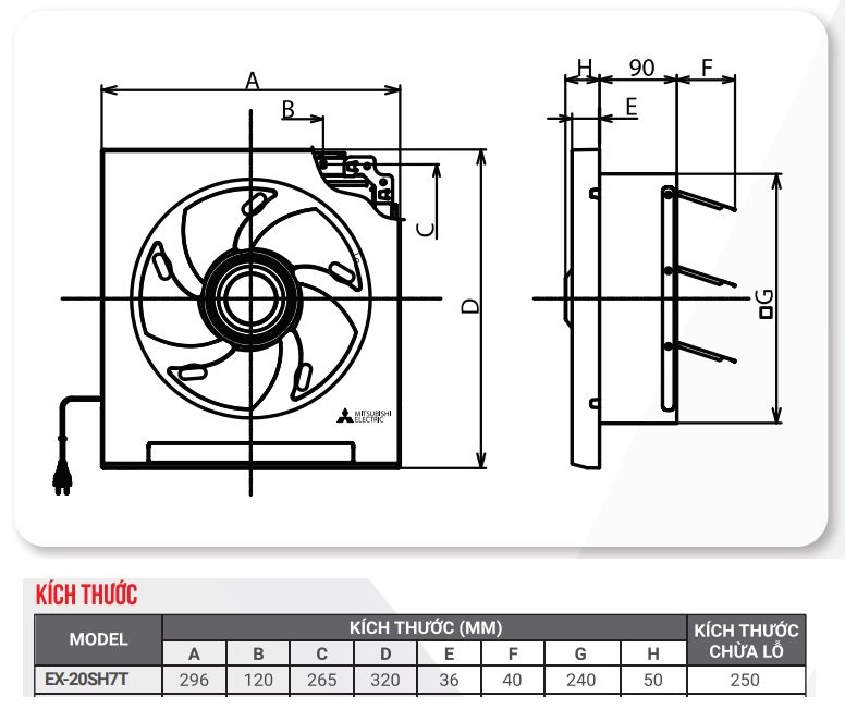 Bản vẽ kỹ thuật quạt hút thông gió ốp tường EX 20SH7T Mitsubishi:
