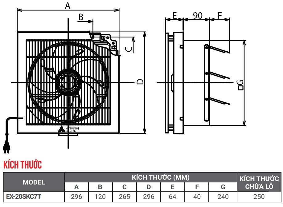 Bản vẽ kỹ thuật quạt thông gió ốp tường EX-20SKC7T Mitsubishi