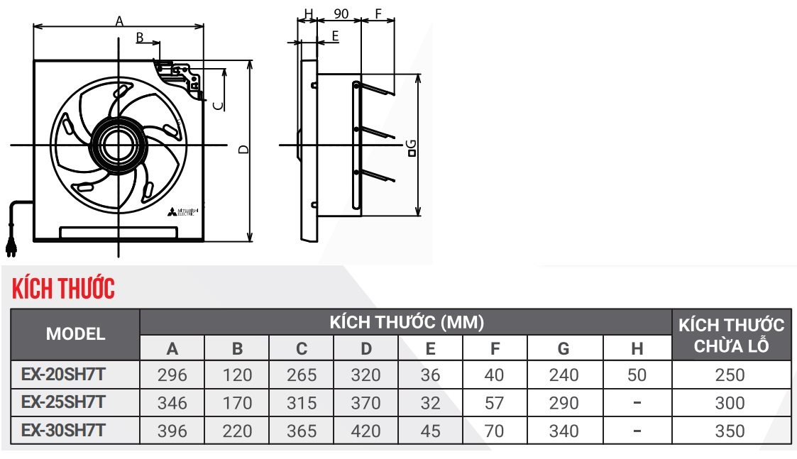 Bản vẽ kỹ thuật quạt hút thông gió ốp tường EX 25SH7T Mitsubishi