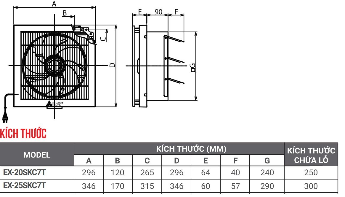 Bản vẽ kỹ thuật quạt hút thông gió ốp tường EX 25SKC7T Mitsubishi