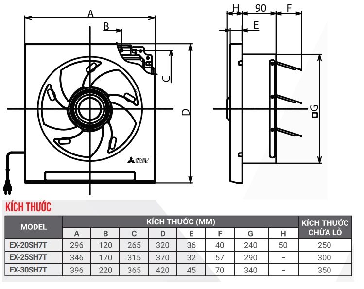 Bản vẽ kỹ thuật quạt hút thông gió ốp tường EX 30SH7T Mitsubishi