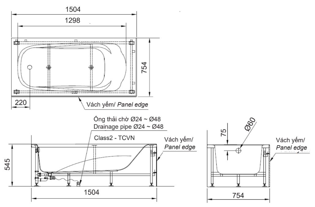 Bản vẽ kích thước bồn tắm INAX FBV-1502SL 1.5 mét