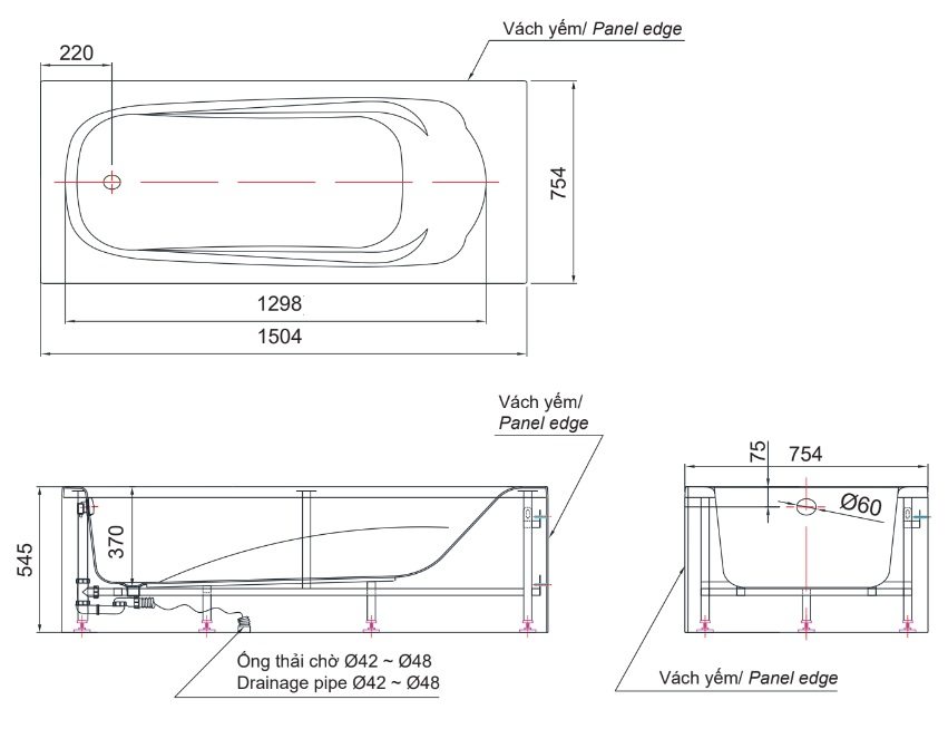 Bản vẽ kích thước bồn tắm INAX FBV-1502SR 1.5 mét