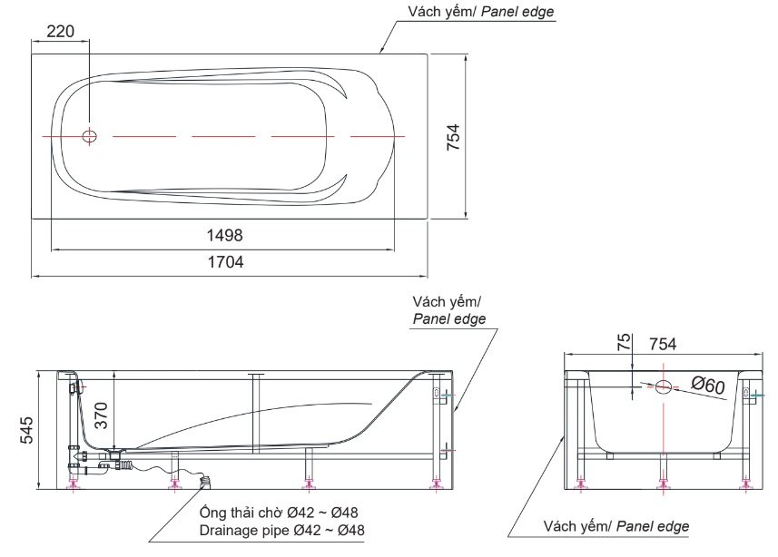Bản vẽ kích thước bồn tắm INAX FBV-1702SL 1.7 mét