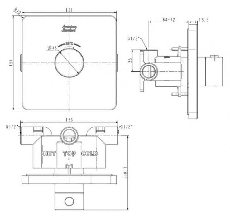 Bản vẽ bộ trộn âm tường American FFAS0930 BHG nhiệt độ