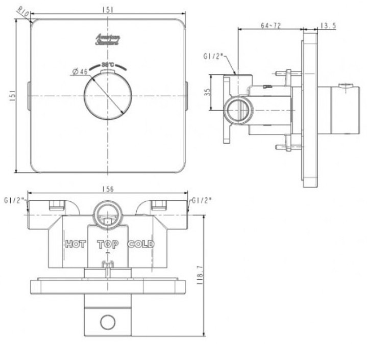 Bản vẽ bộ trộn âm tường American FFAS0930 MB nhiệt độ