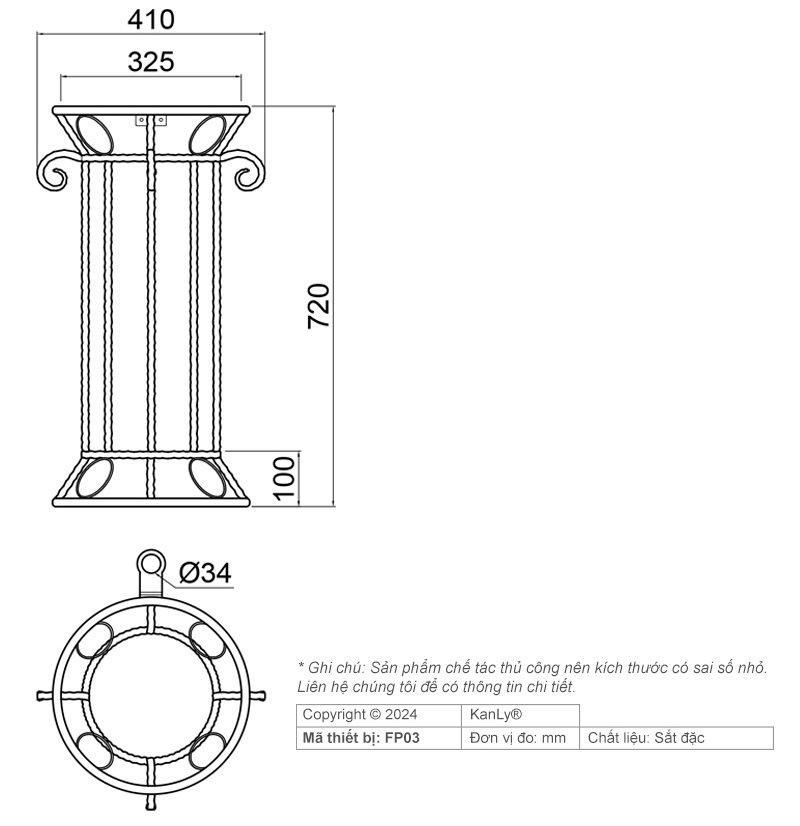 Bản vẽ kích thước chân sắt Kanly FP 03