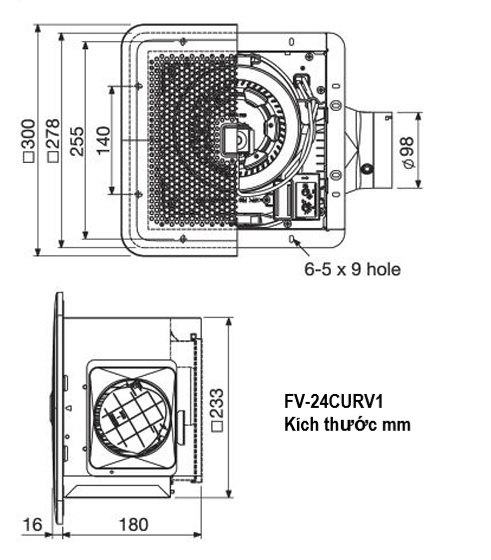 Bản vẽ kích thước quạt hút âm trần Panasonic FV24CURV1